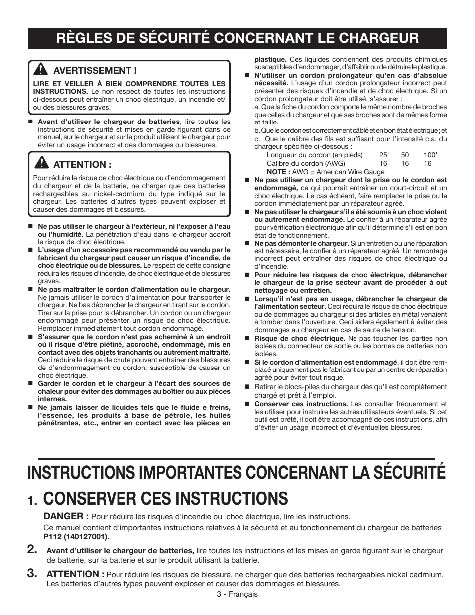 Conserver ces instructions, Instructions importantes concernant la sécurité, Règles de sécurité concernant le chargeur | Ryobi P112 User Manual | Page 10 / 24