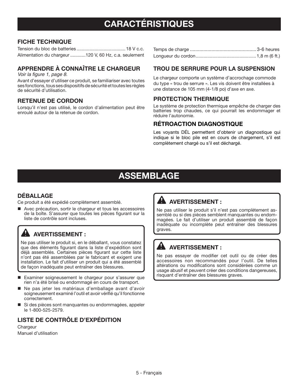 Caractéristiques, Assemblage | Ryobi P112 User Manual | Page 12 / 24