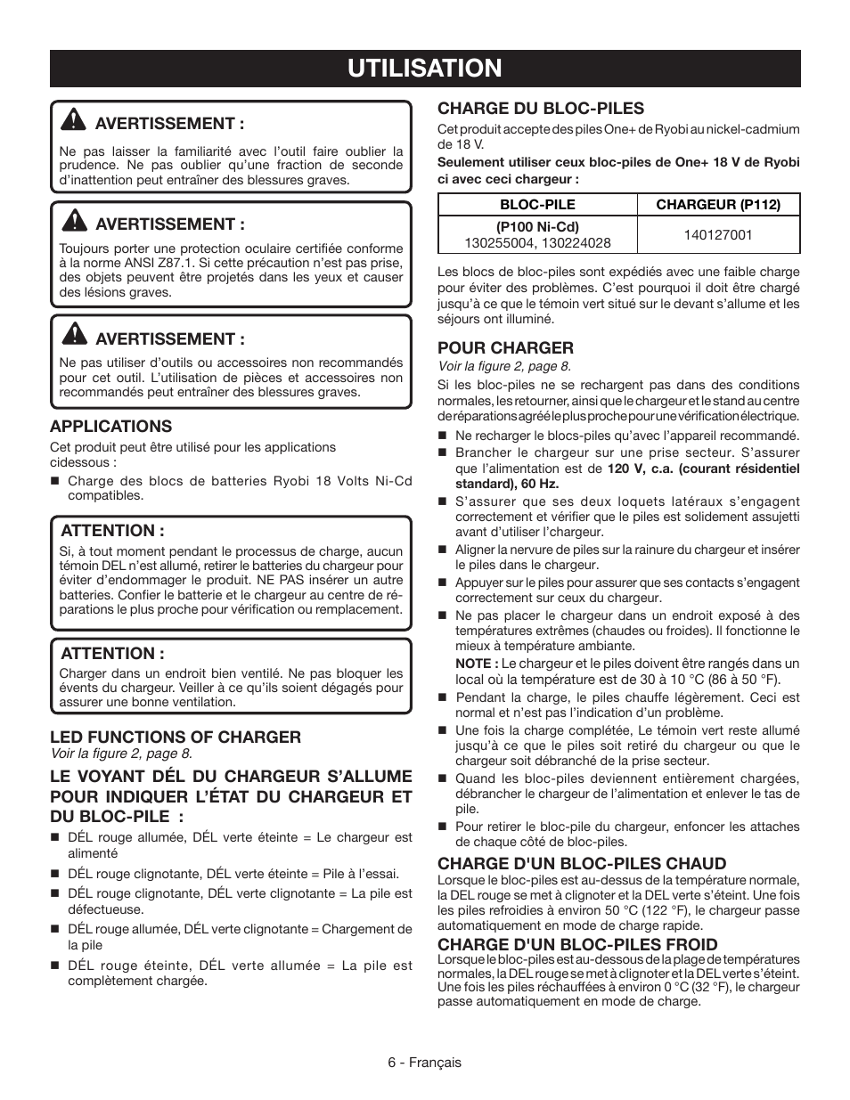 Utilisation | Ryobi P112 User Manual | Page 13 / 24