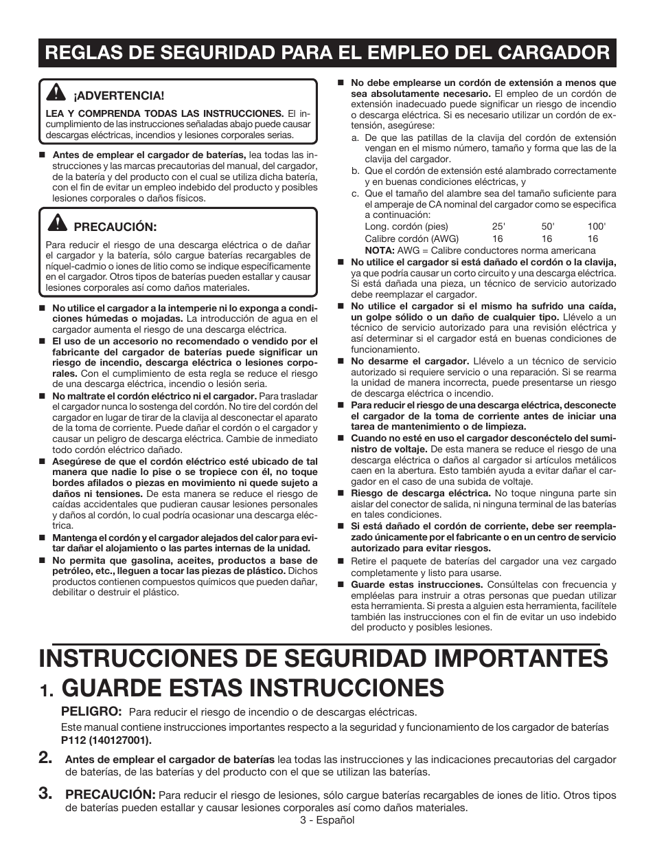 Instrucciones de seguridad importantes, Guarde estas instrucciones, Reglas de seguridad para el empleo del cargador | Ryobi P112 User Manual | Page 17 / 24