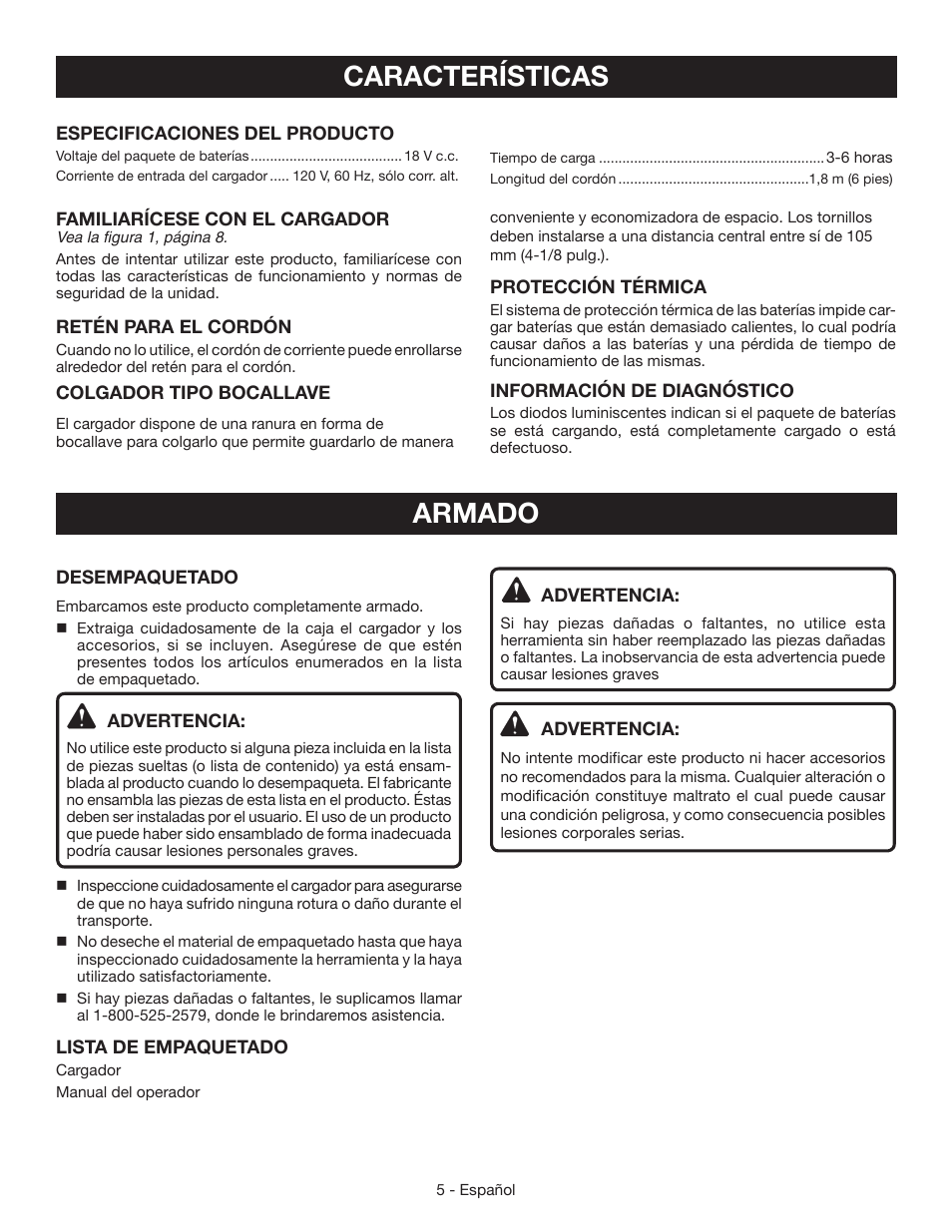 Características, Armado | Ryobi P112 User Manual | Page 19 / 24