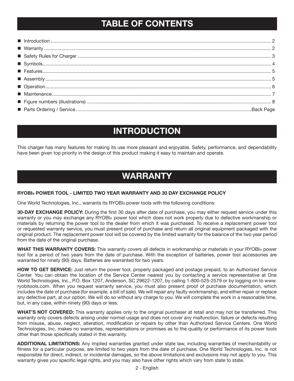 Table of contents introduction, Warranty | Ryobi P112 User Manual | Page 2 / 24