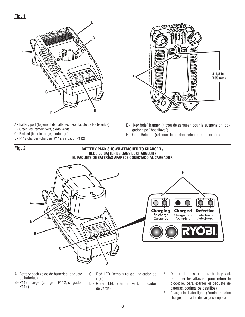 Fig. 1 fig. 2, Battery pack shown attached to charger | Ryobi P112 User Manual | Page 22 / 24