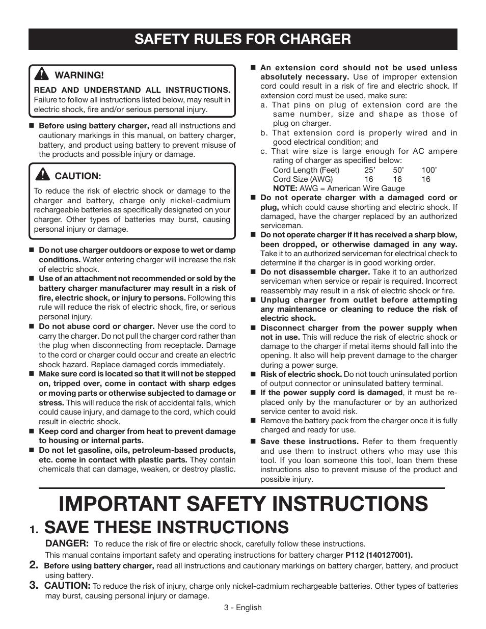 Important safety instructions, Save these instructions, Safety rules for charger | Ryobi P112 User Manual | Page 3 / 24