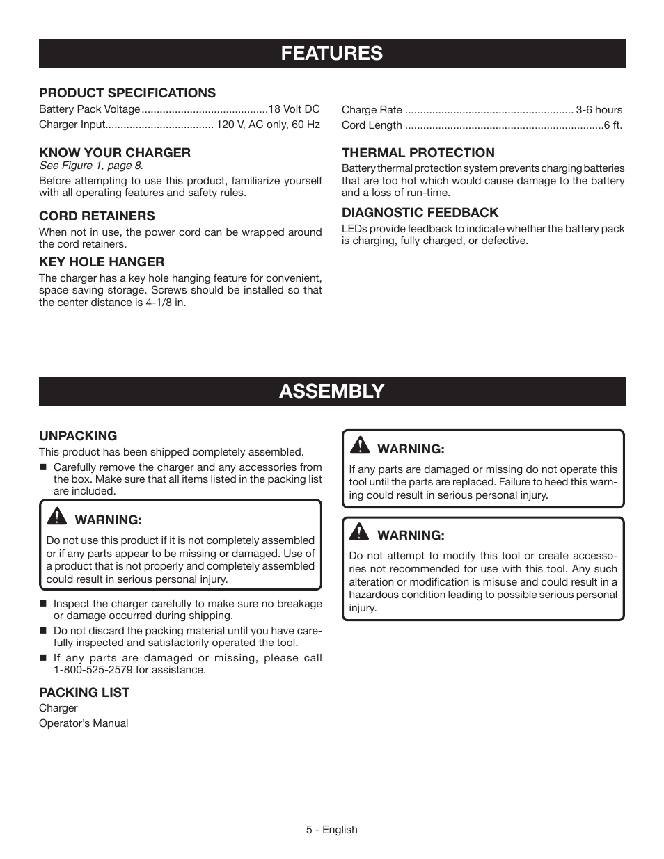 Features, Assembly | Ryobi P112 User Manual | Page 5 / 24