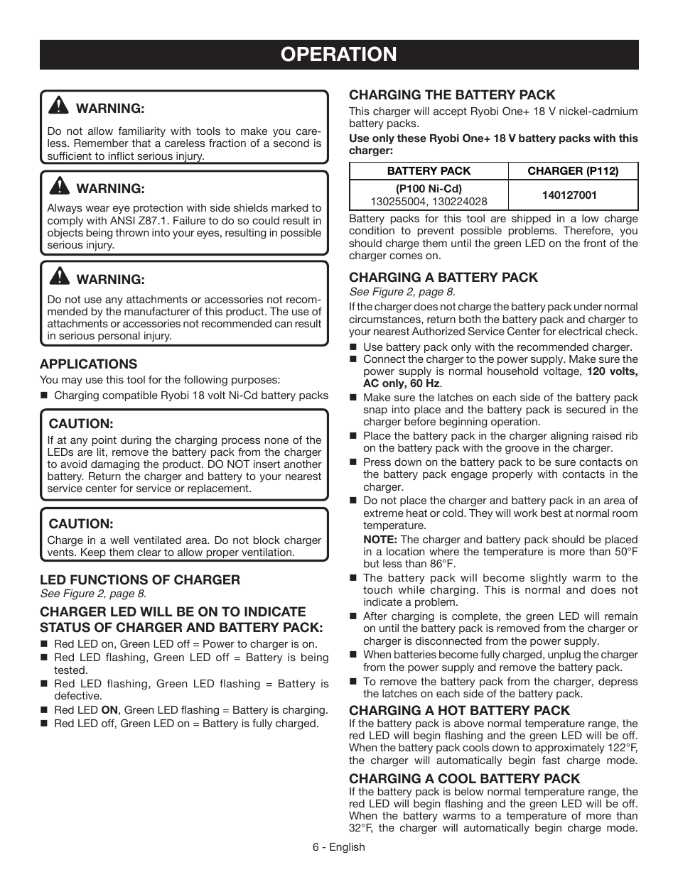 Operation | Ryobi P112 User Manual | Page 6 / 24