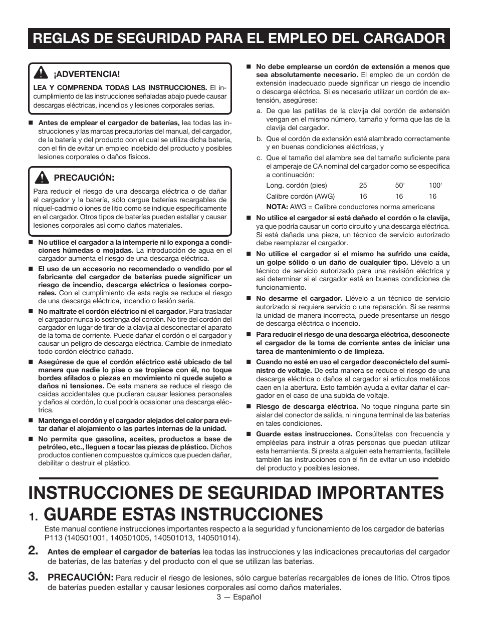 Instrucciones de seguridad importantes, Guarde estas instrucciones, Reglas de seguridad para el empleo del cargador | Ryobi P113 User Manual | Page 15 / 24