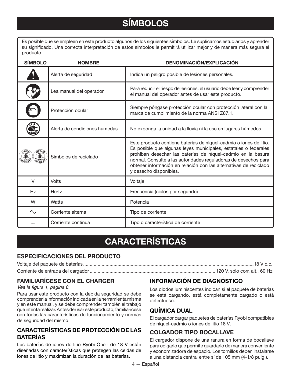 Símbolos características | Ryobi P113 User Manual | Page 16 / 24