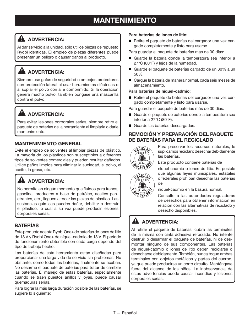 Mantenimiento | Ryobi P113 User Manual | Page 19 / 24