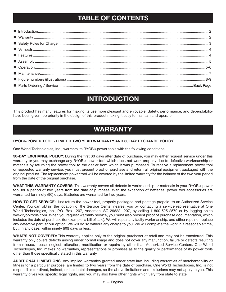 Table of contents introduction, Warranty | Ryobi P113 User Manual | Page 2 / 24