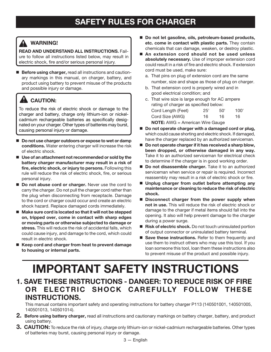 Important safety instructions, Safety rules for charger | Ryobi P113 User Manual | Page 3 / 24