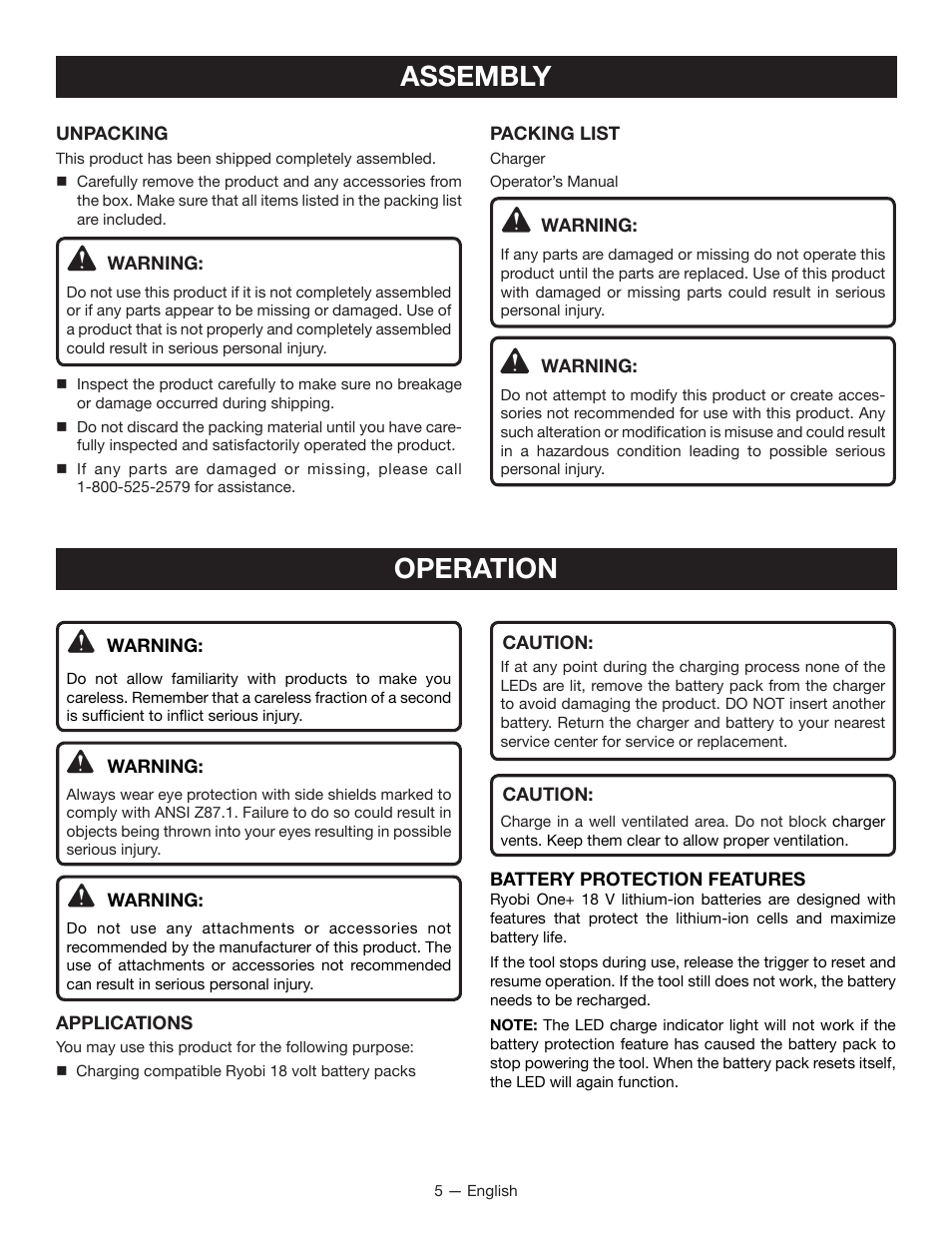 Assembly, Operation | Ryobi P113 User Manual | Page 5 / 24