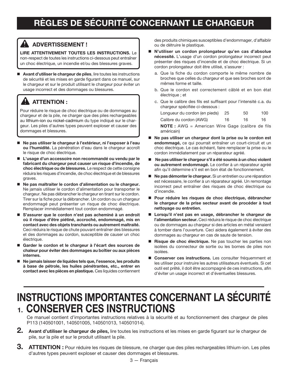 Conserver ces instructions, Instructions importantes concernant la sécurité, Règles de sécurité concernant le chargeur | Ryobi P113 User Manual | Page 9 / 24