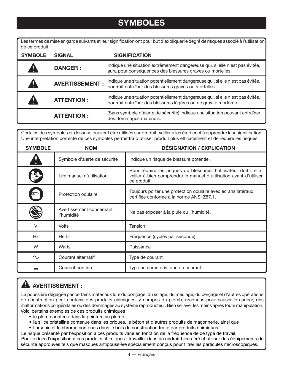 Symboles | Ryobi P114 User Manual | Page 10 / 24