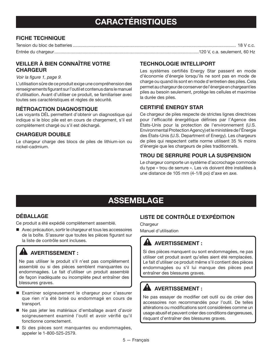 Caractéristiques, Assemblage | Ryobi P114 User Manual | Page 11 / 24