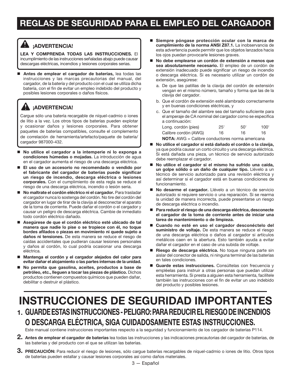 Instrucciones de seguridad importantes, Reglas de seguridad para el empleo del cargador | Ryobi P114 User Manual | Page 15 / 24