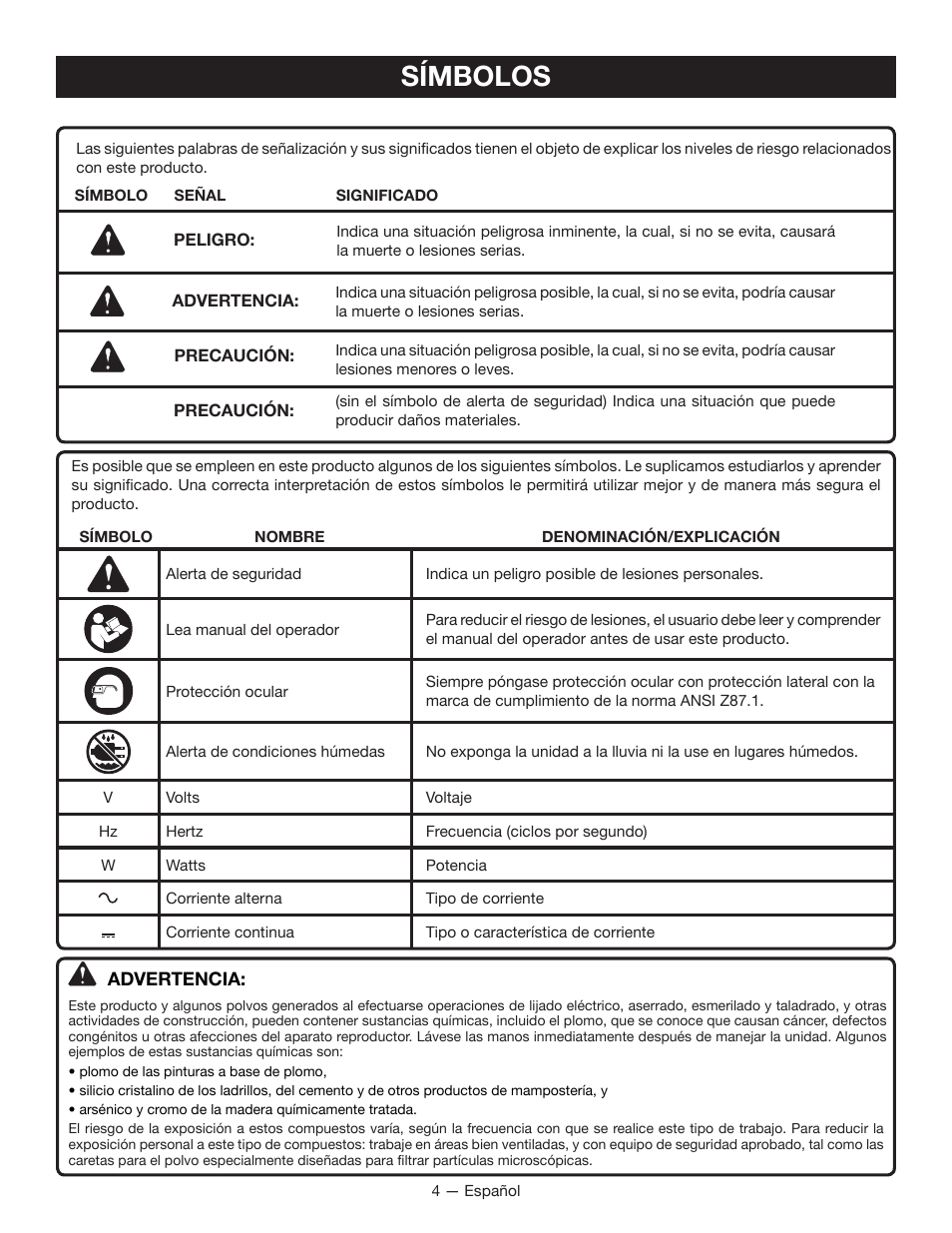 Símbolos | Ryobi P114 User Manual | Page 16 / 24