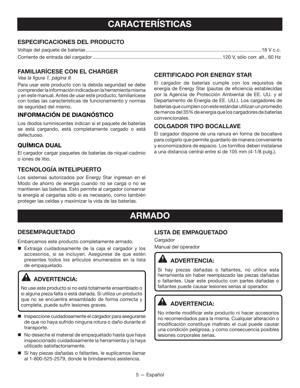 Características, Armado | Ryobi P114 User Manual | Page 17 / 24