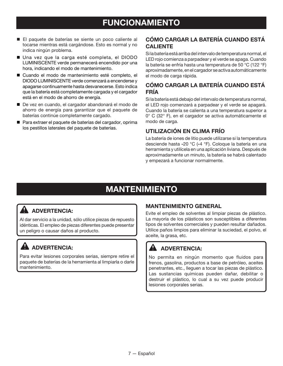 Funcionamiento, Mantenimiento | Ryobi P114 User Manual | Page 19 / 24