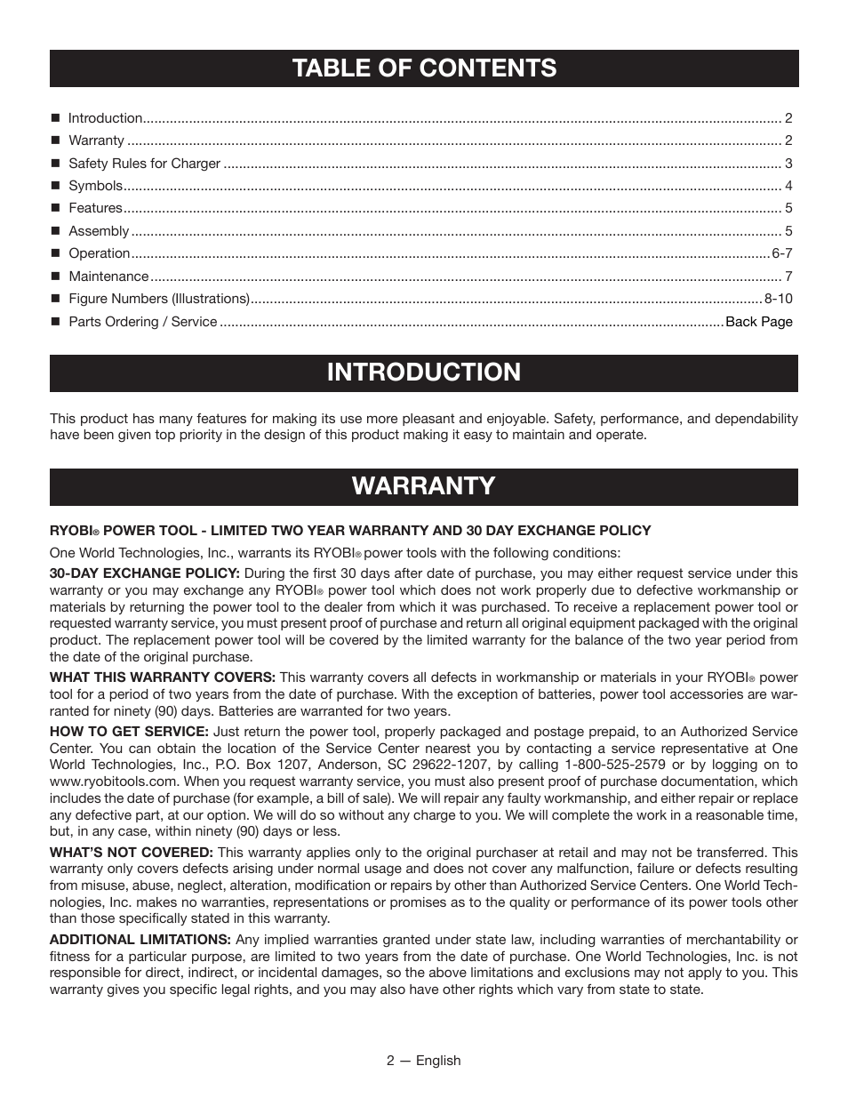 Table of contents introduction, Warranty | Ryobi P114 User Manual | Page 2 / 24