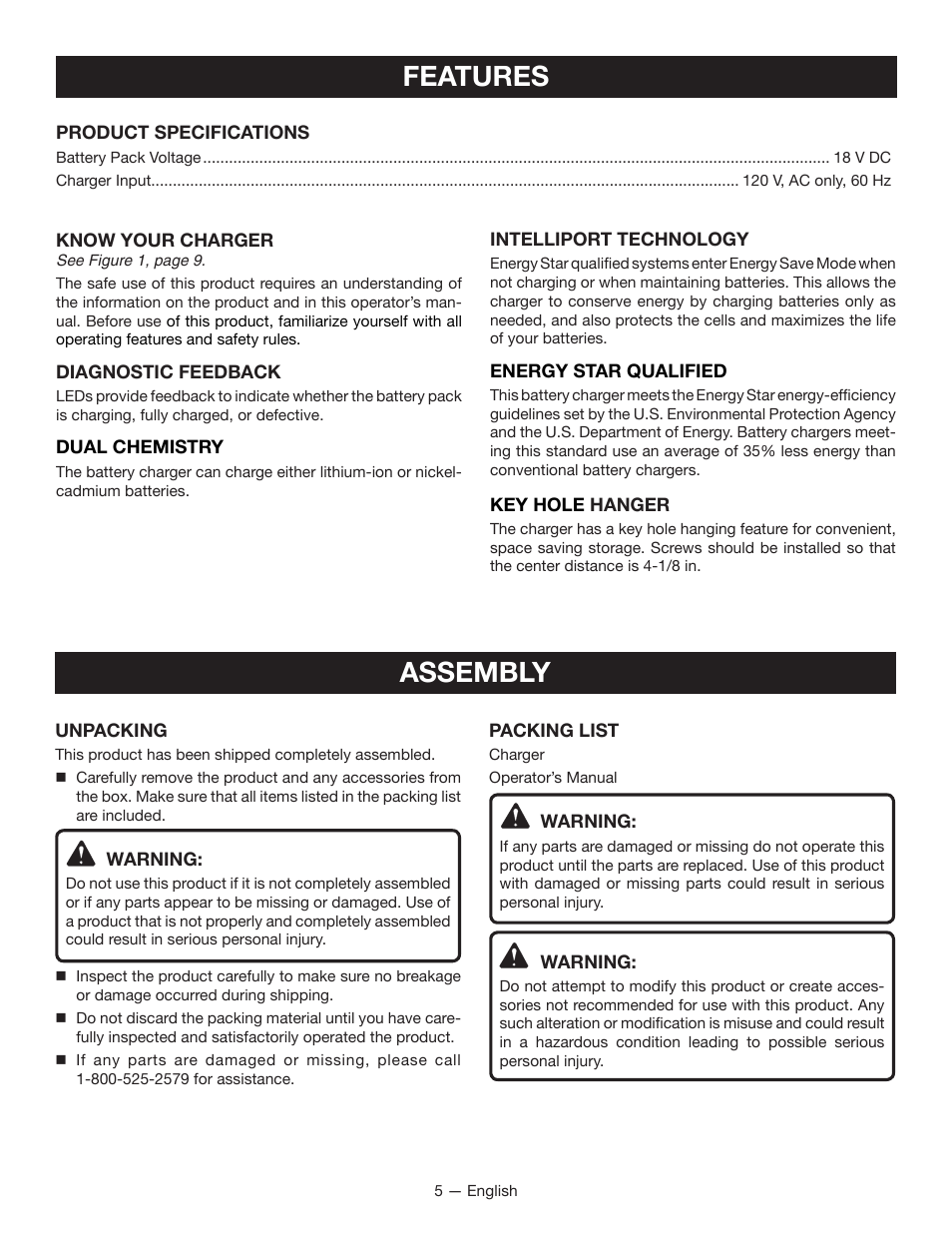 Features, Assembly | Ryobi P114 User Manual | Page 5 / 24