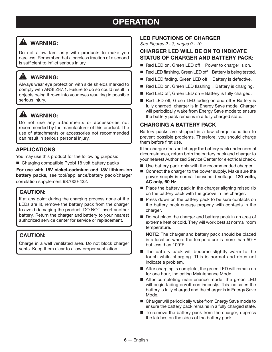 Operation | Ryobi P114 User Manual | Page 6 / 24