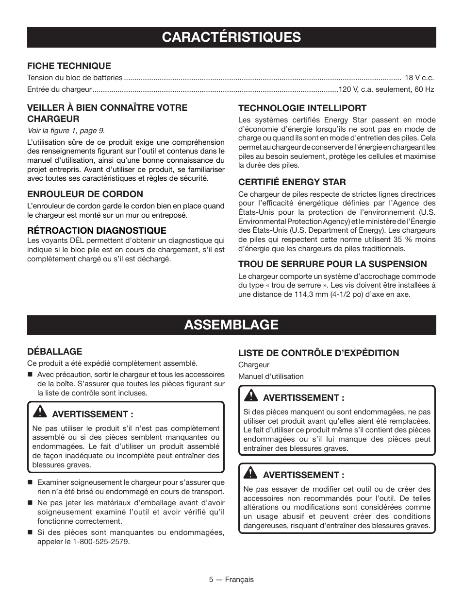 Caractéristiques, Assemblage | Ryobi P115 User Manual | Page 11 / 24