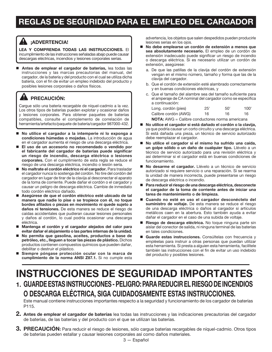 Instrucciones de seguridad importantes, Reglas de seguridad para el empleo del cargador | Ryobi P115 User Manual | Page 15 / 24