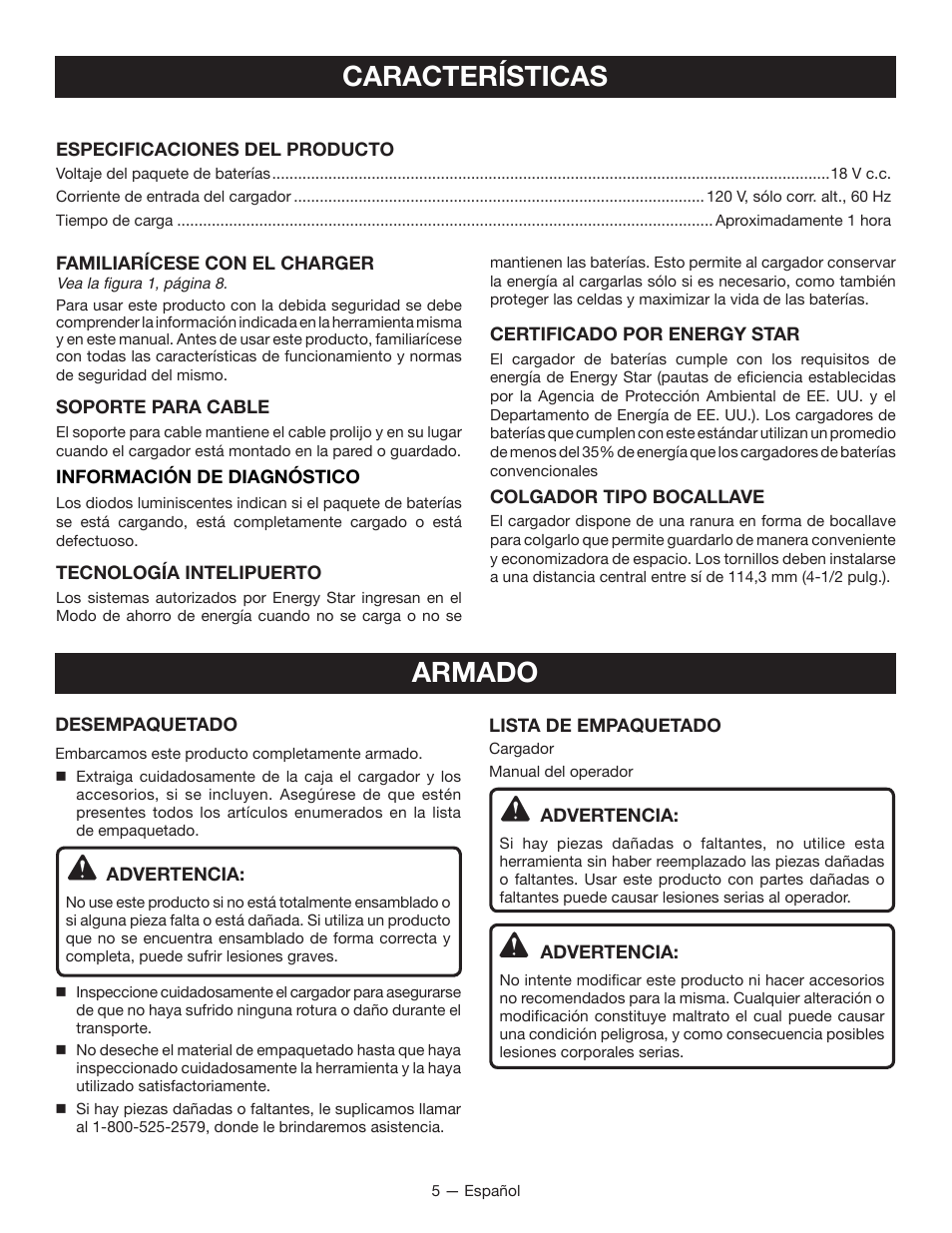 Características, Armado | Ryobi P115 User Manual | Page 17 / 24