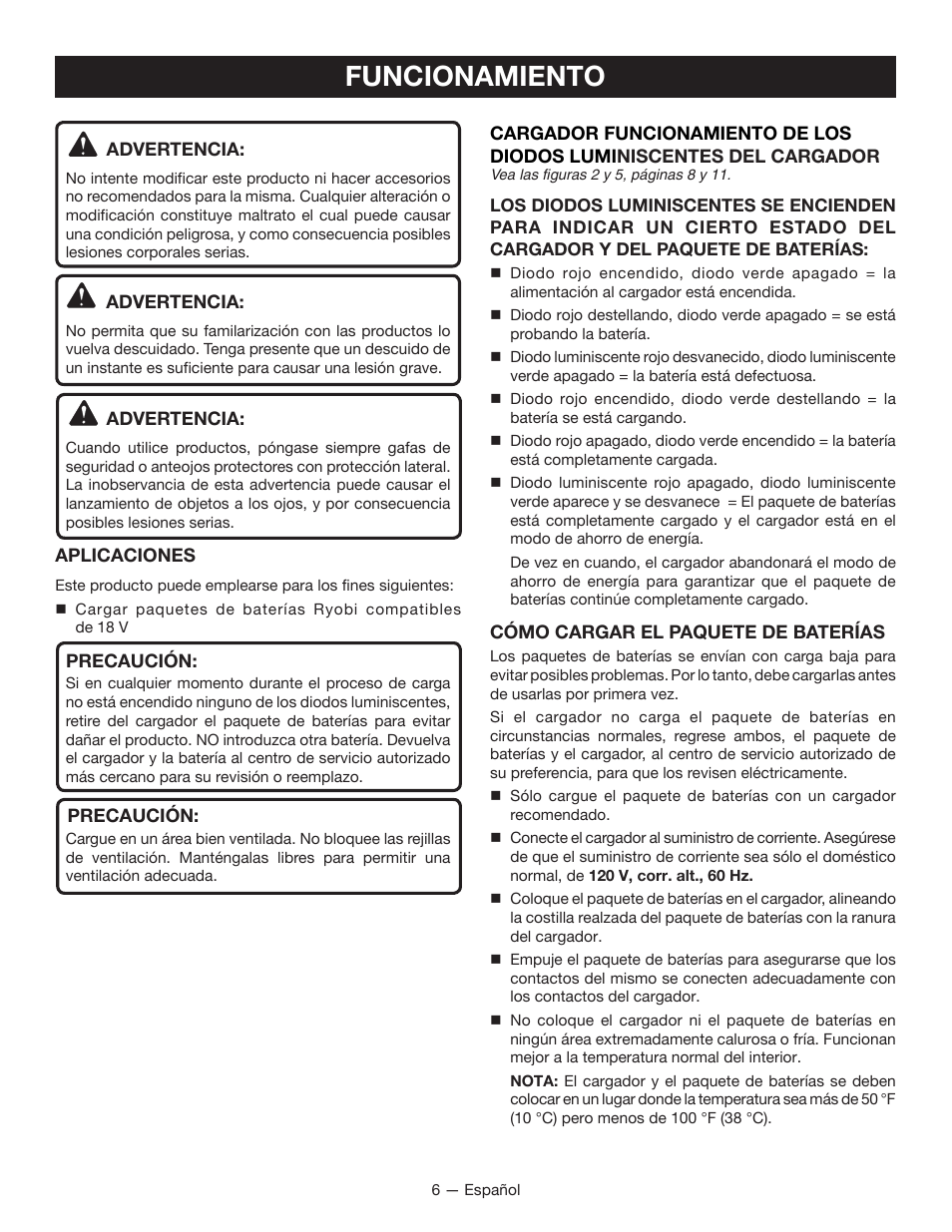 Funcionamiento | Ryobi P115 User Manual | Page 18 / 24