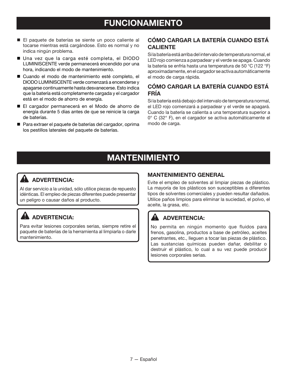 Funcionamiento, Mantenimiento | Ryobi P115 User Manual | Page 19 / 24