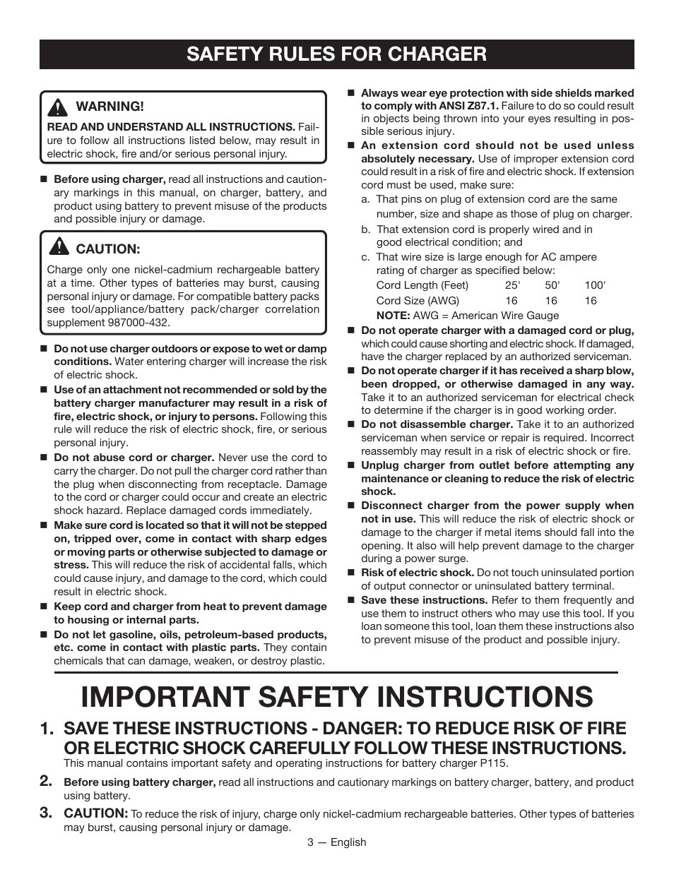 Important safety instructions, Safety rules for charger | Ryobi P115 User Manual | Page 3 / 24
