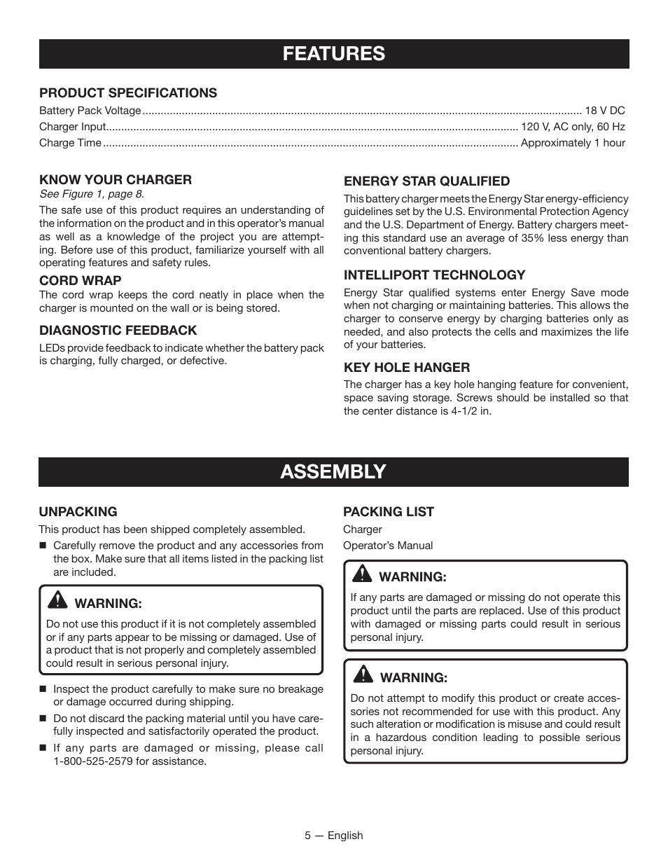 Features, Assembly | Ryobi P115 User Manual | Page 5 / 24