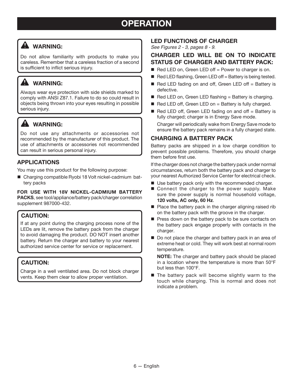 Operation | Ryobi P115 User Manual | Page 6 / 24