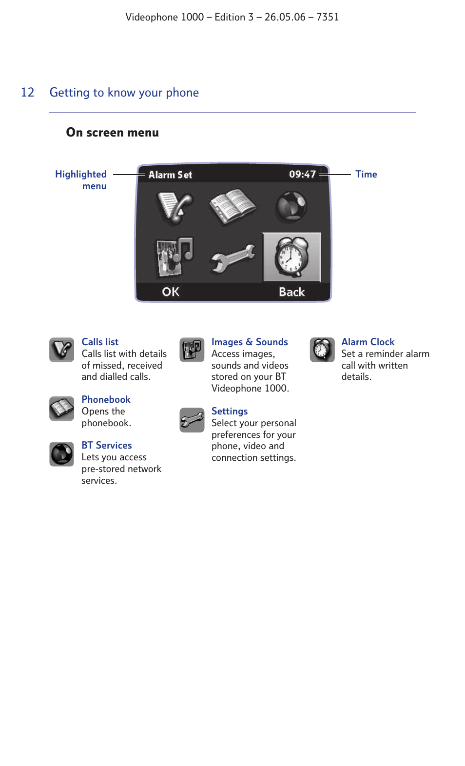 Getting to know your phone 12 on screen menu | BT Videophone 1000 User Manual | Page 12 / 56