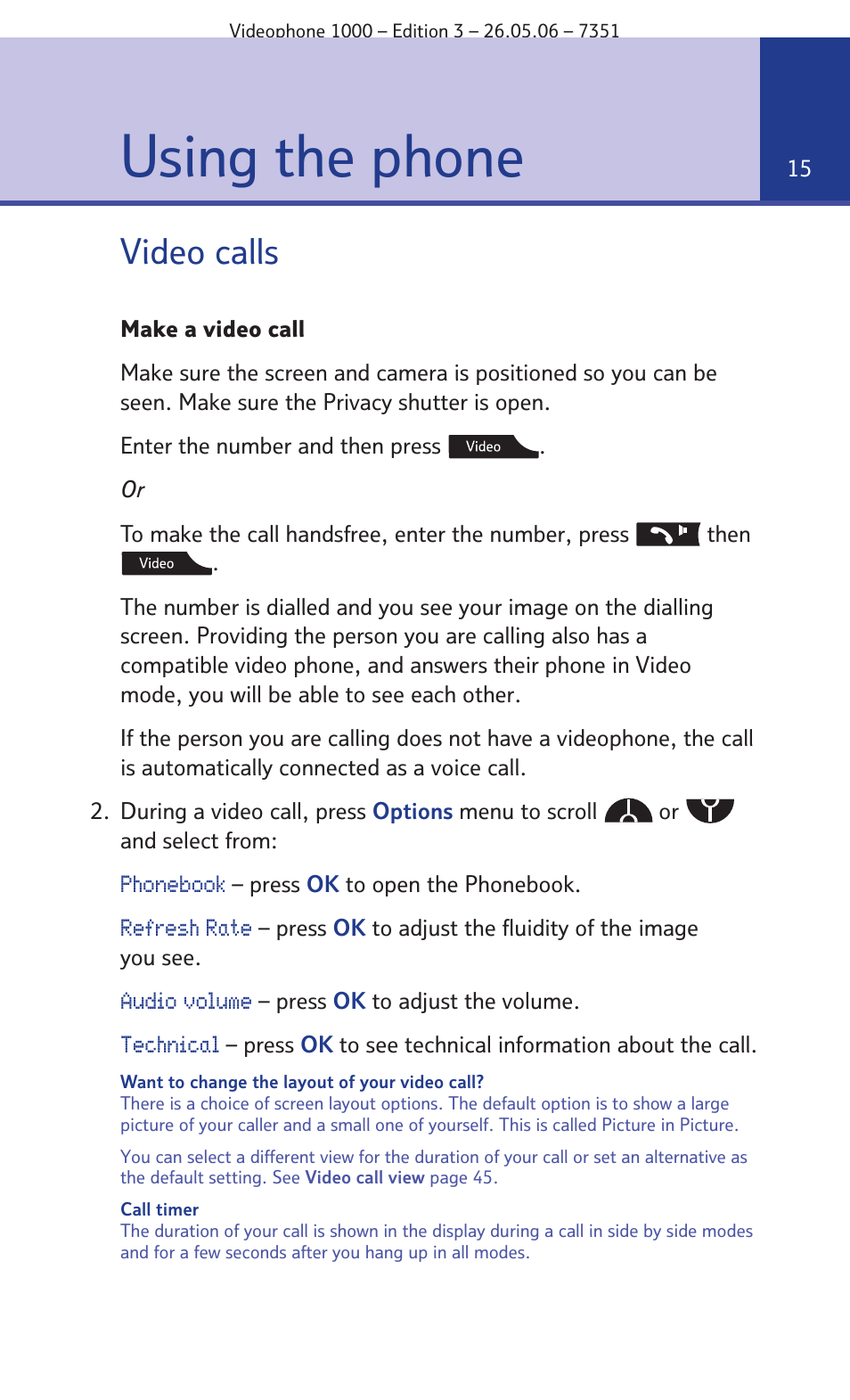 Using the phone, Video calls | BT Videophone 1000 User Manual | Page 15 / 56