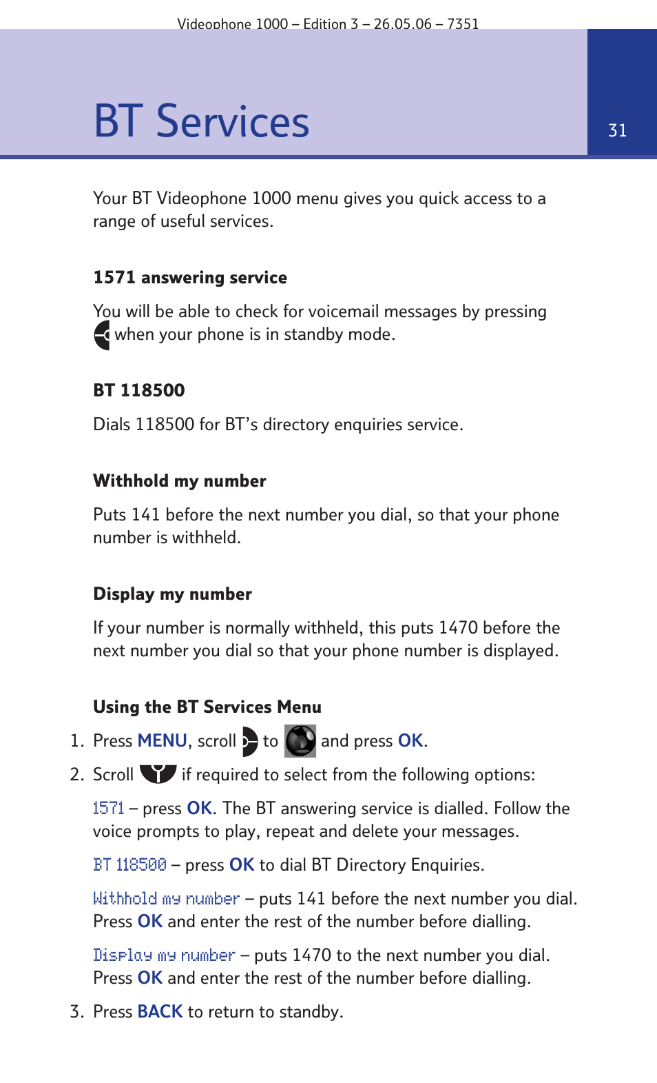 Bt services | BT Videophone 1000 User Manual | Page 31 / 56