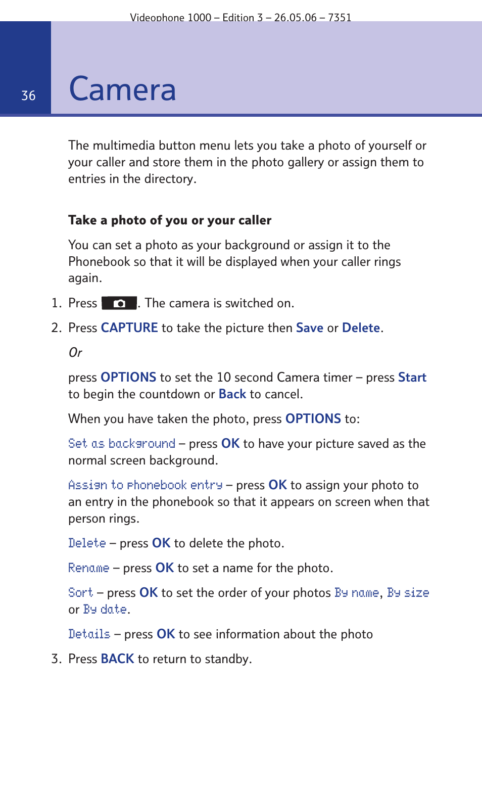 Camera | BT Videophone 1000 User Manual | Page 36 / 56