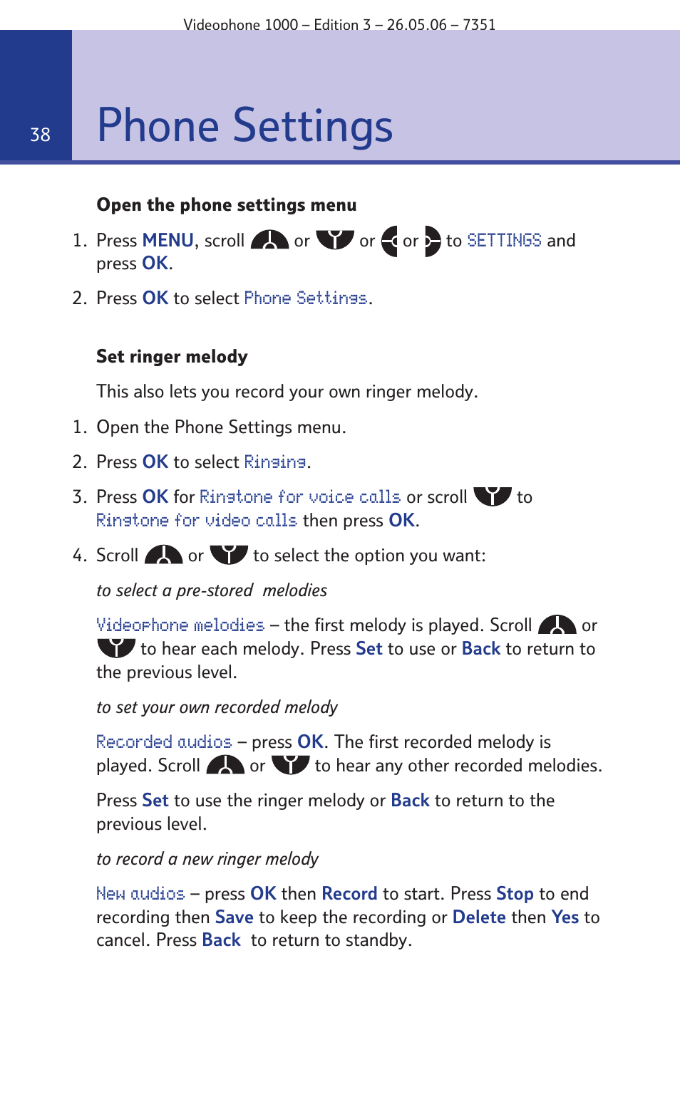 Phone settings | BT Videophone 1000 User Manual | Page 38 / 56