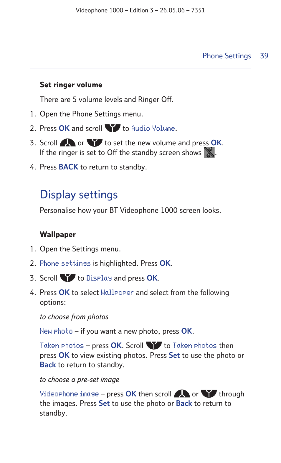 Display settings | BT Videophone 1000 User Manual | Page 39 / 56