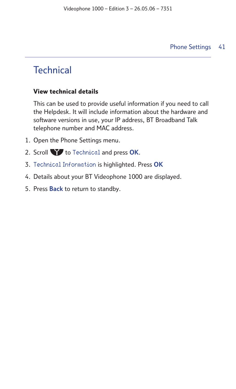 Technical | BT Videophone 1000 User Manual | Page 41 / 56
