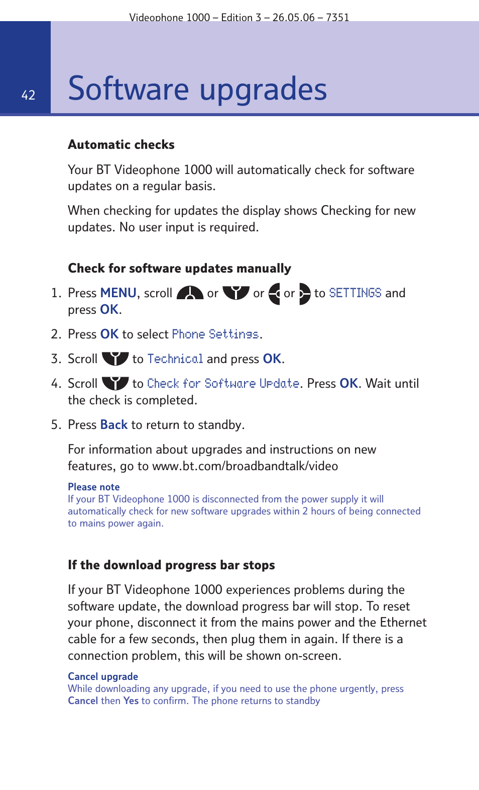 Software upgrades | BT Videophone 1000 User Manual | Page 42 / 56