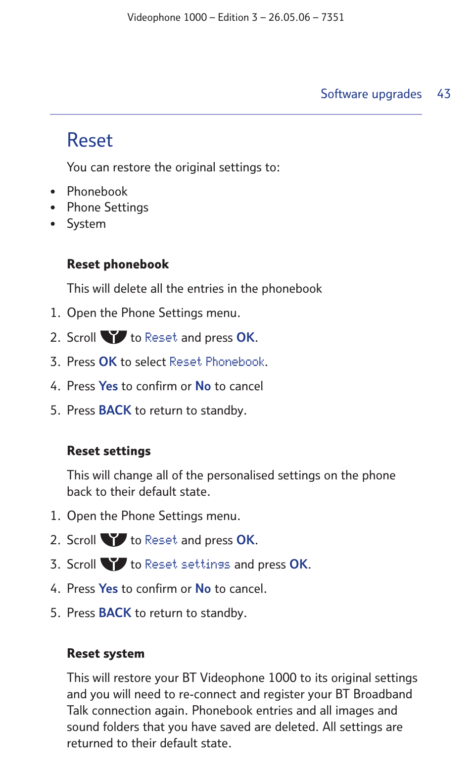 Reset | BT Videophone 1000 User Manual | Page 43 / 56