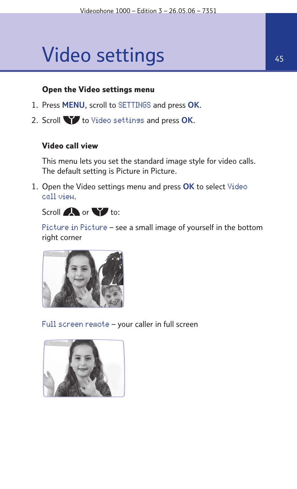 Video settings | BT Videophone 1000 User Manual | Page 45 / 56