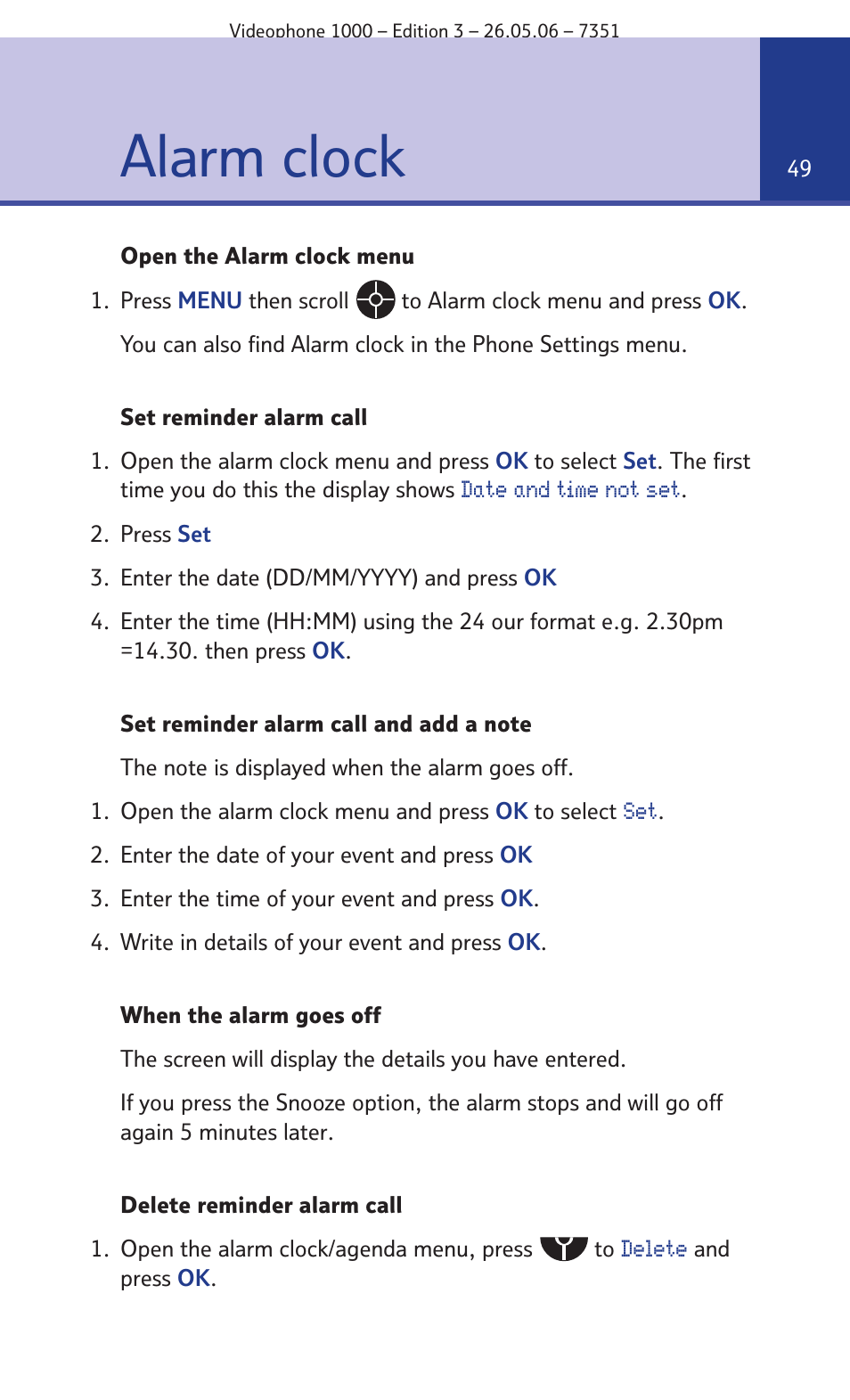 Alarm clock | BT Videophone 1000 User Manual | Page 49 / 56