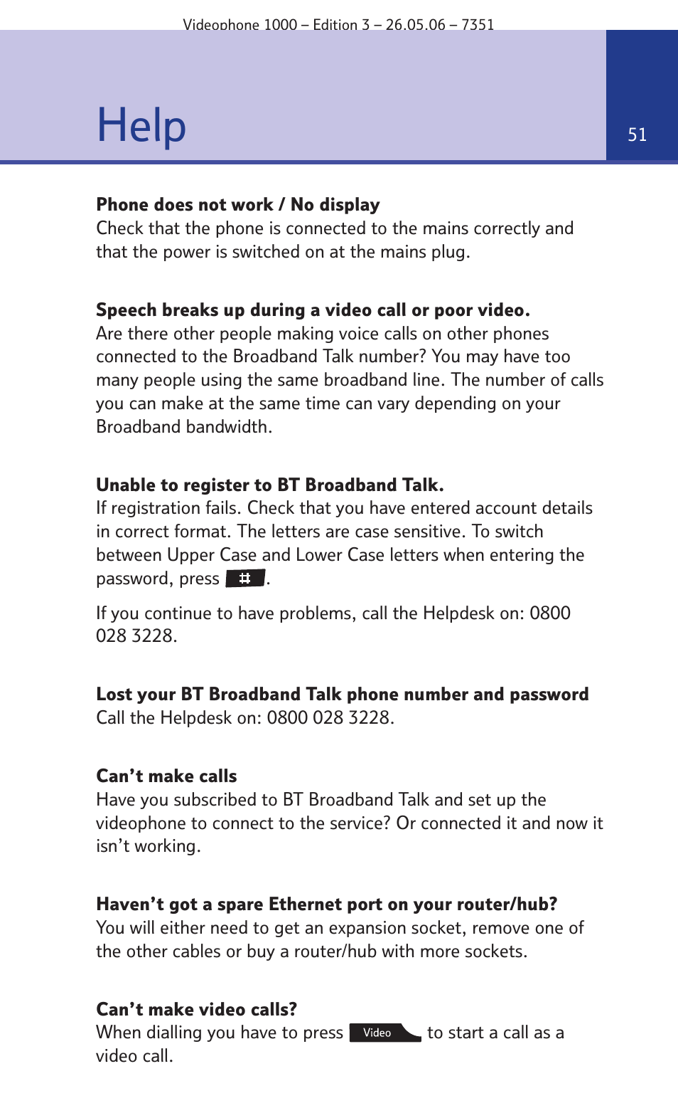 Help | BT Videophone 1000 User Manual | Page 51 / 56