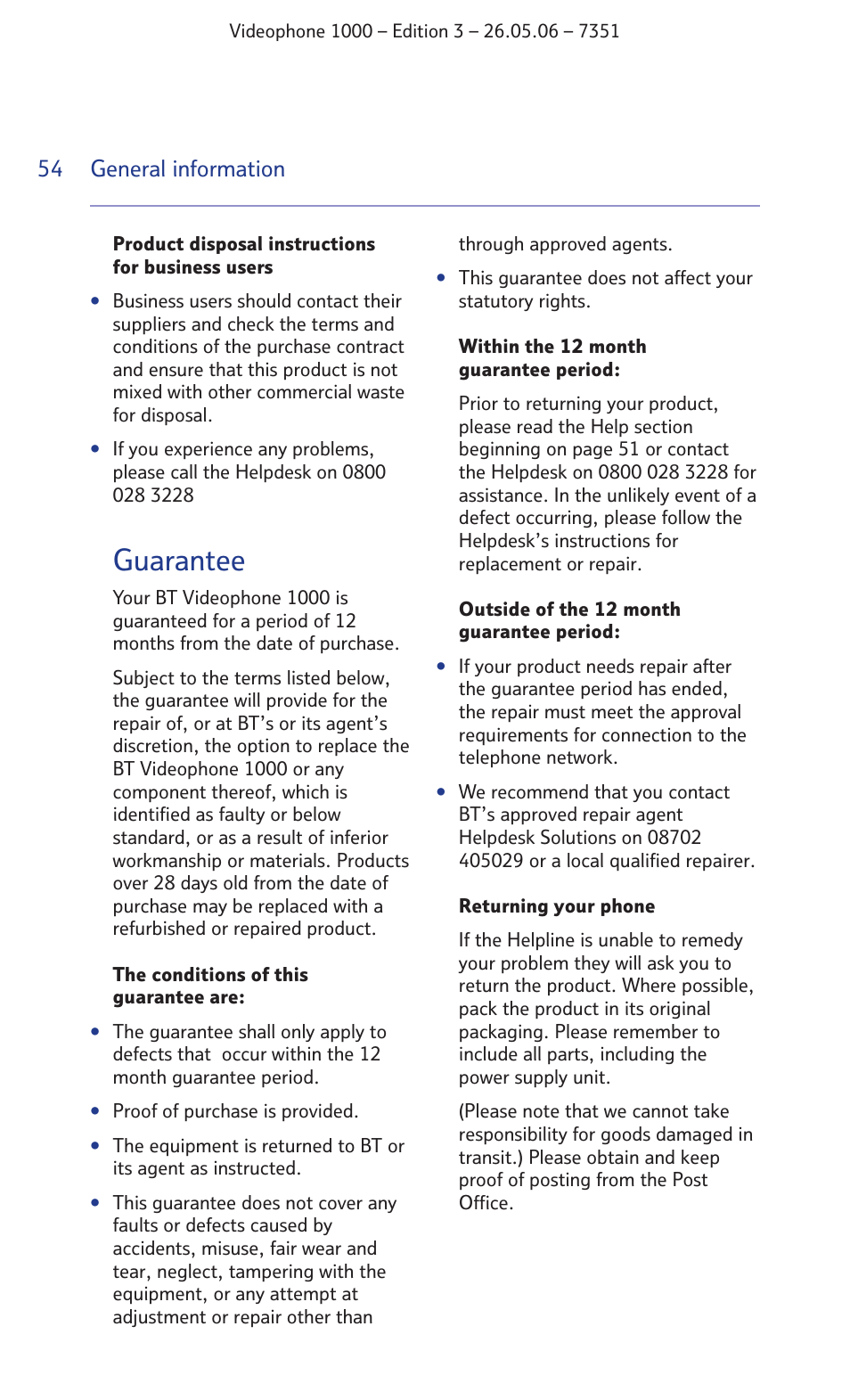 Guarantee | BT Videophone 1000 User Manual | Page 54 / 56