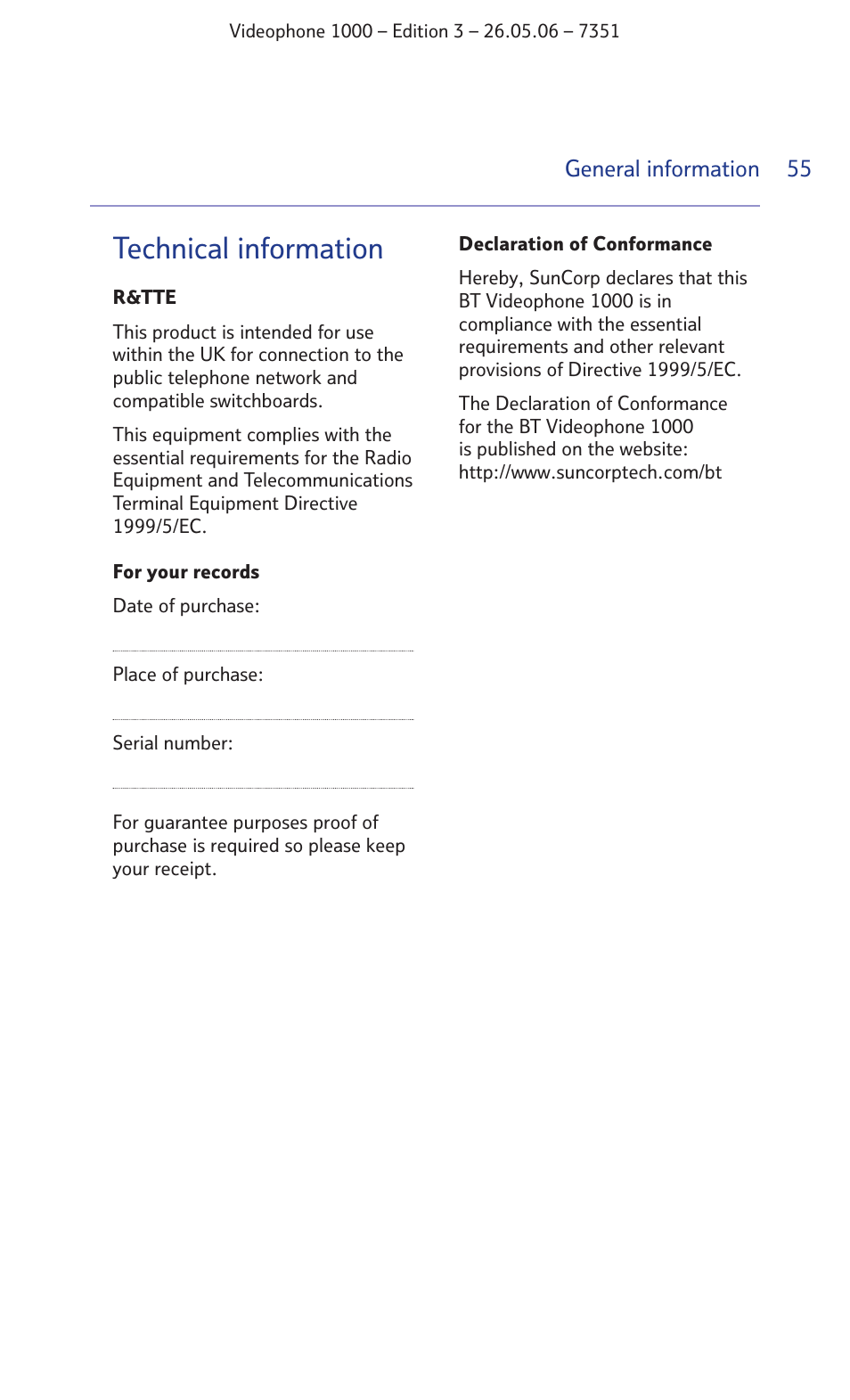 Technical information | BT Videophone 1000 User Manual | Page 55 / 56