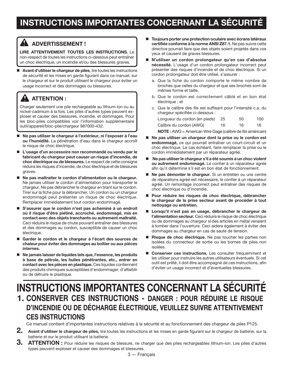 Instructions importantes concernant la sécurité, Conserver ces instructions | Ryobi P125 User Manual | Page 11 / 28
