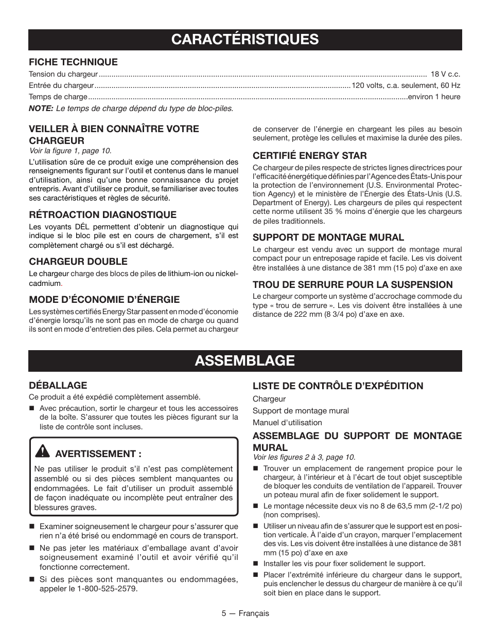 Caractéristiques, Assemblage | Ryobi P125 User Manual | Page 13 / 28